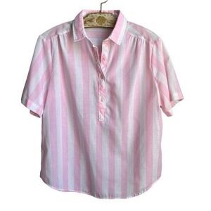 Vintage Pink White Striped 1/4 Button Front Shirt Women's Size L Large Pastel‎